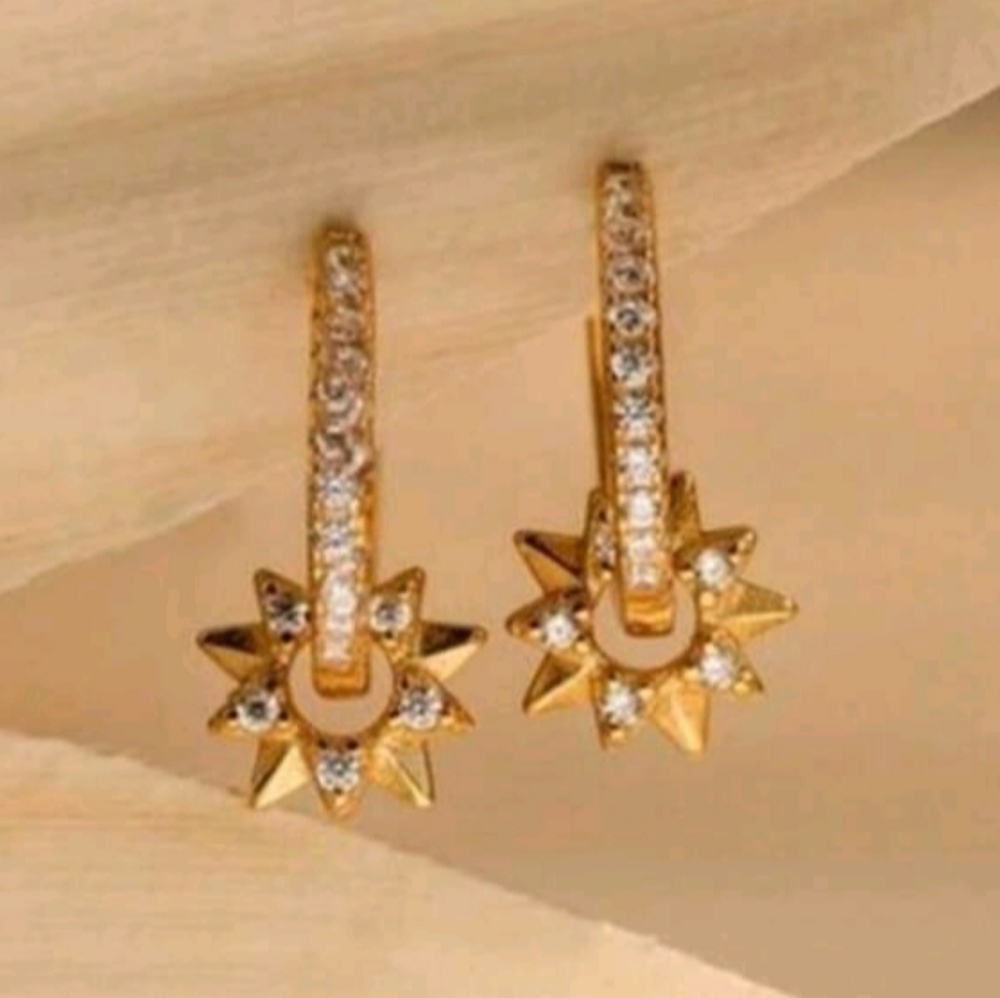 NEW! 18K Gold Plated Starburst Charms Diamond Mini Hoop Earrings